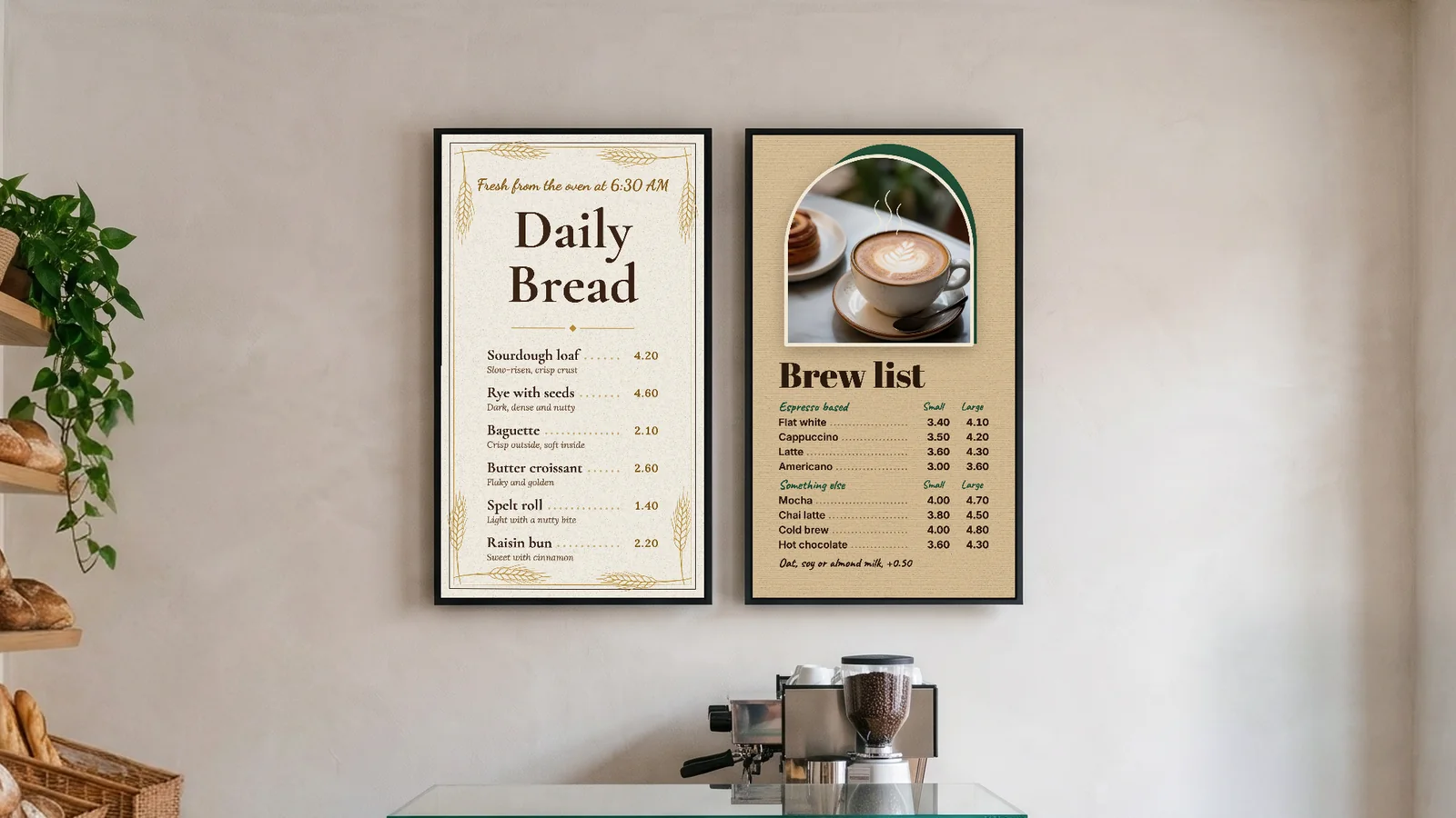 Artisan bakery and coffee bar with bread shelves and an espresso machine, and two portrait menu screens on the plaster wall above the counter: Daily Bread, fresh from the oven at 6:30 AM, and the coffee menu with espresso drinks.