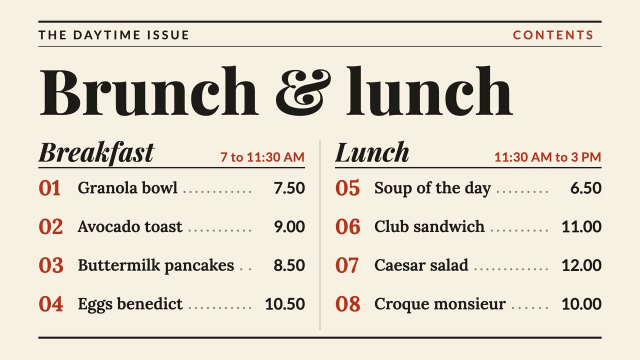 Food magazine contents menu