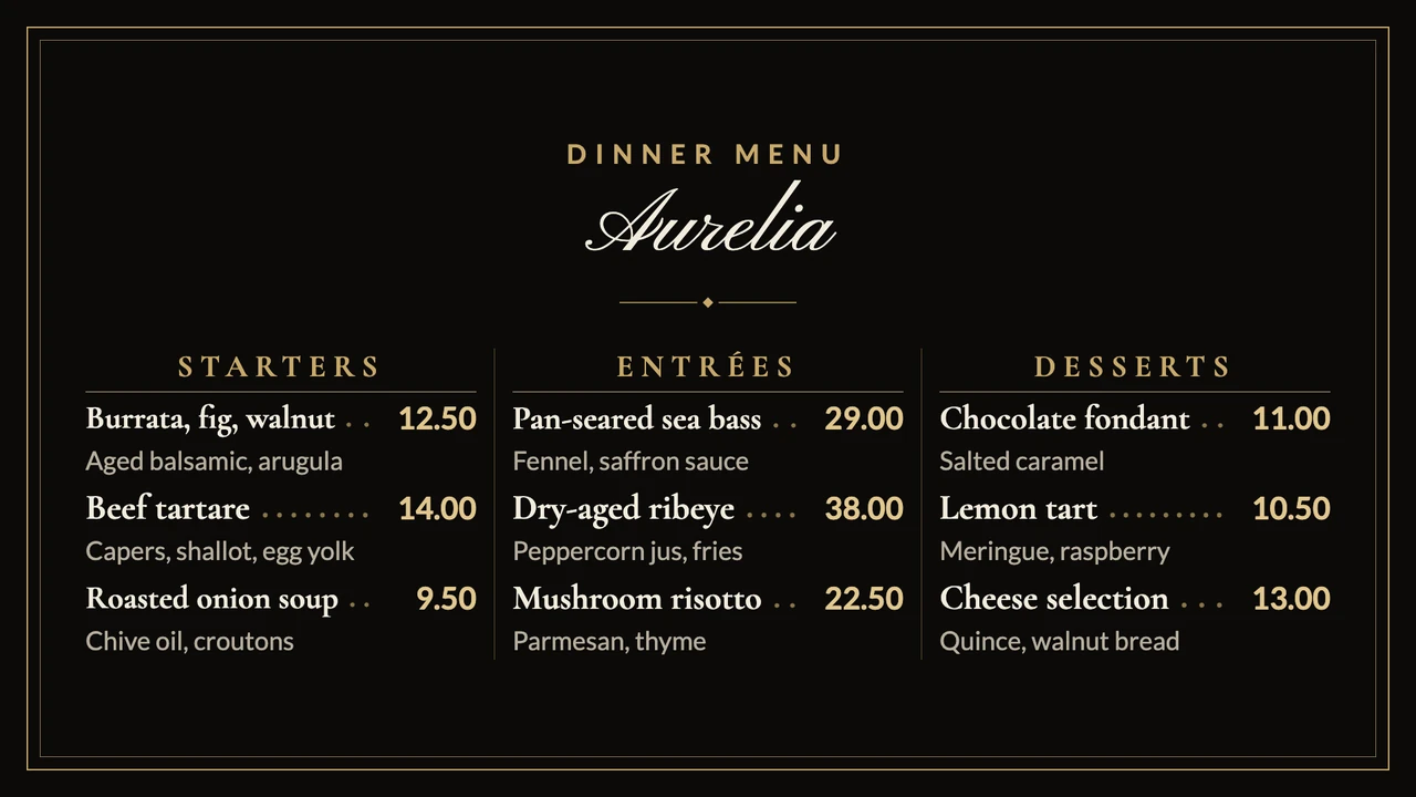 Black and gold menu card