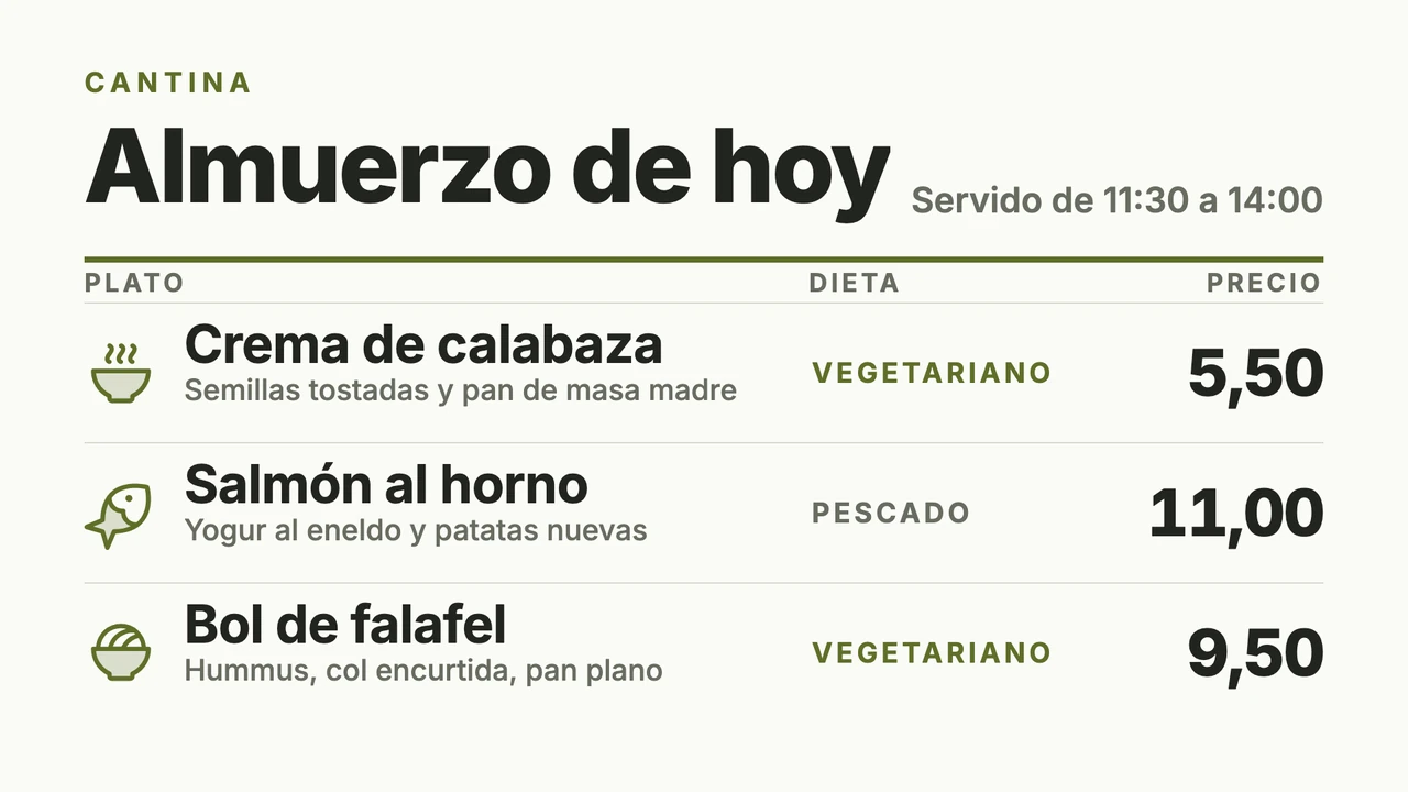 Menú del día en tabla