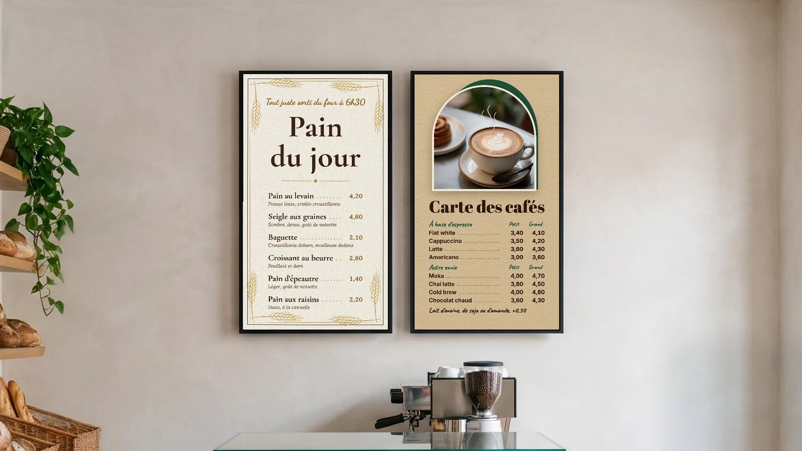Boulangerie artisanale avec bar à café, étagères à pain, machine à espresso et vitrine de pâtisseries, et deux écrans en portrait sur le mur enduit au-dessus du comptoir. L'un affiche le Pain du jour, tout juste sorti du four à 6h30, l'autre une carte des cafés à base d'espresso.