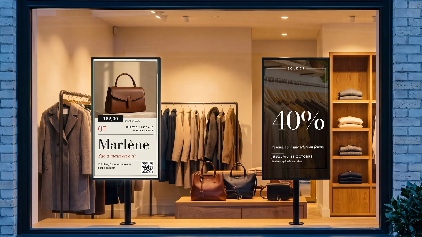 Maroquinerie vue de la rue à la tombée du jour, avec deux écrans en portrait sur pied dans la vitrine éclairée et des manteaux et des sacs derrière. L'un affiche le sac à main en cuir Marlène avec son prix, l'autre une affiche de soldes : 40 % de remise sur une sélection femme, jusqu'au 31 octobre.