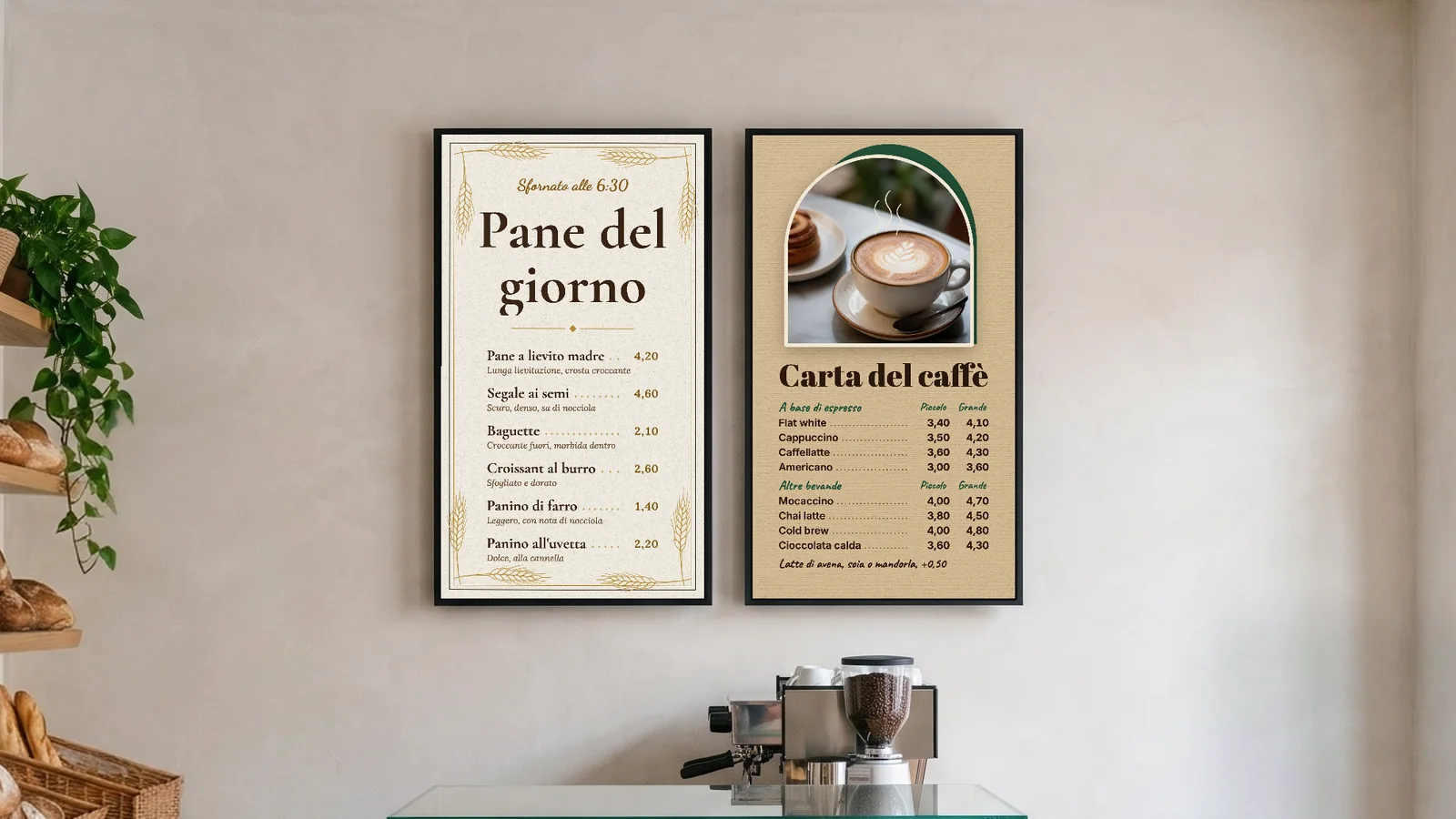 Panificio artigianale con caffetteria, scaffali del pane, macchina per l'espresso e vetrina dei dolci, e due schermi verticali sulla parete intonacata sopra il bancone. Uno mostra il Pane del giorno, sfornato alle 6:30, l'altro la Carta del caffè con bevande a base di espresso e altre bevande.
