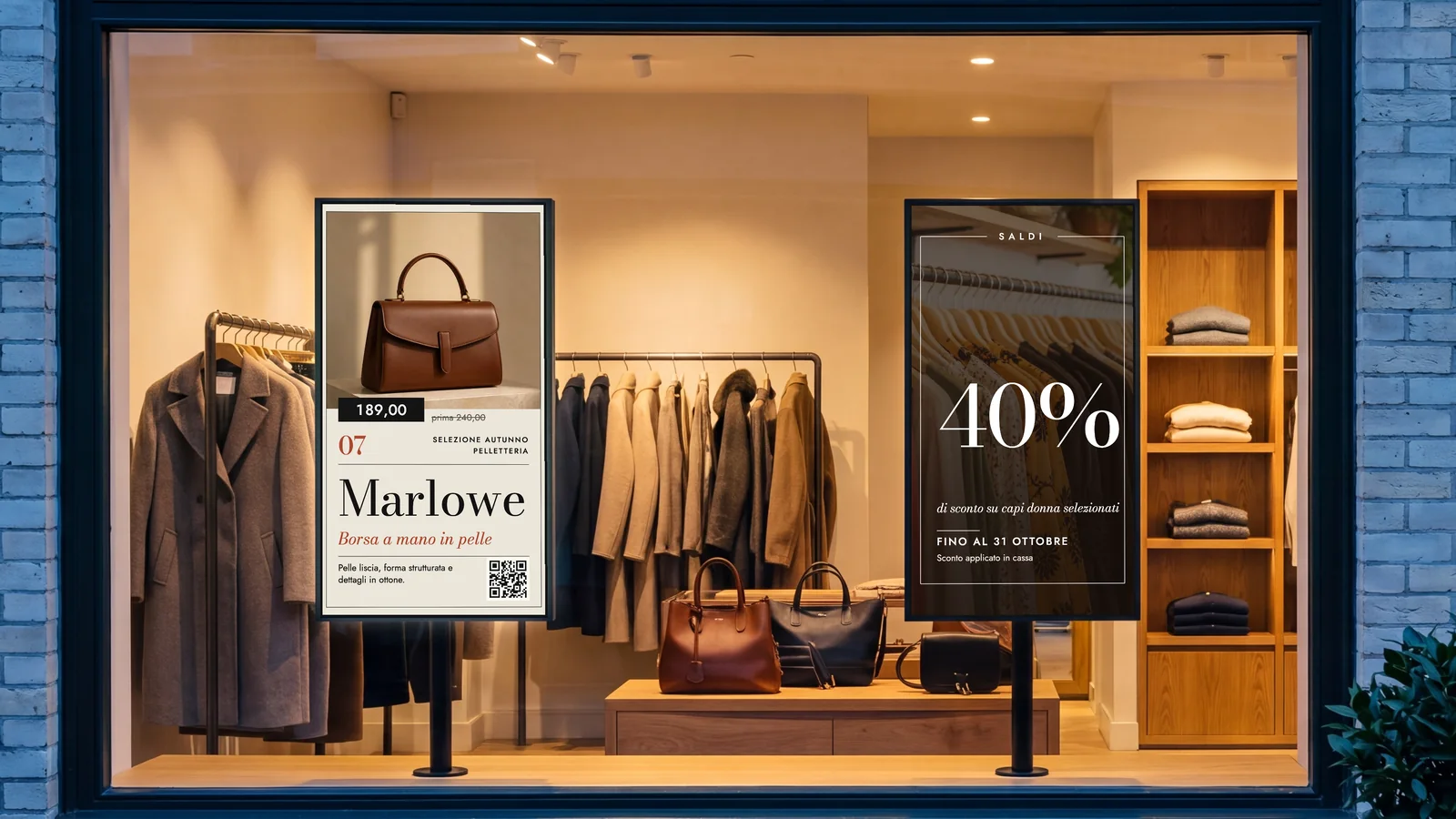 Boutique di pelletteria e abbigliamento vista dalla strada al tramonto, con due schermi verticali su piedistallo nella vetrina illuminata e cappotti e borse dietro. Uno mostra la borsa a mano in pelle Marlowe con il prezzo, l'altro un poster dei saldi con il 40% di sconto su capi donna selezionati fino al 31 ottobre.