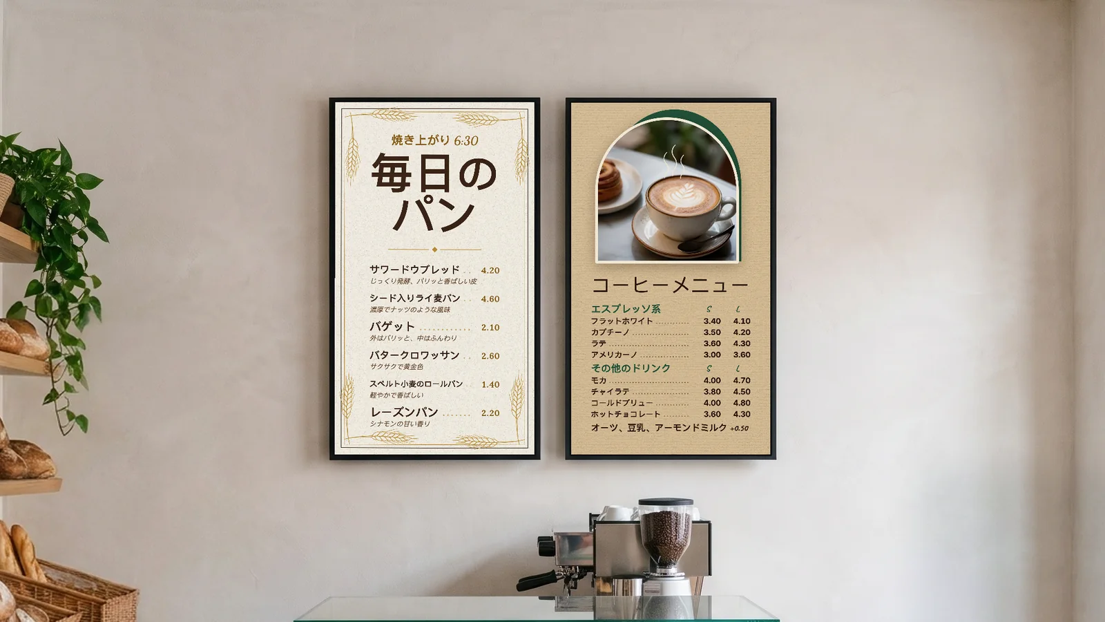 パンとコーヒーを出すベーカリーで、パンの棚とエスプレッソマシン、ショーケースが見える。カウンター上の漆喰の壁に縦向きのメニュー画面が2台あり、1台は「毎日のパン」の焼き上がり6:30、もう1台はエスプレッソ系とその他のドリンクに分かれたコーヒーメニュー。