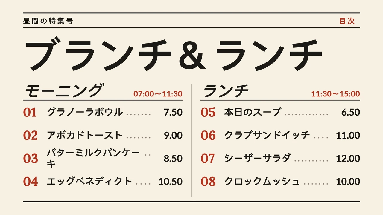 料理雑誌の目次風メニュー