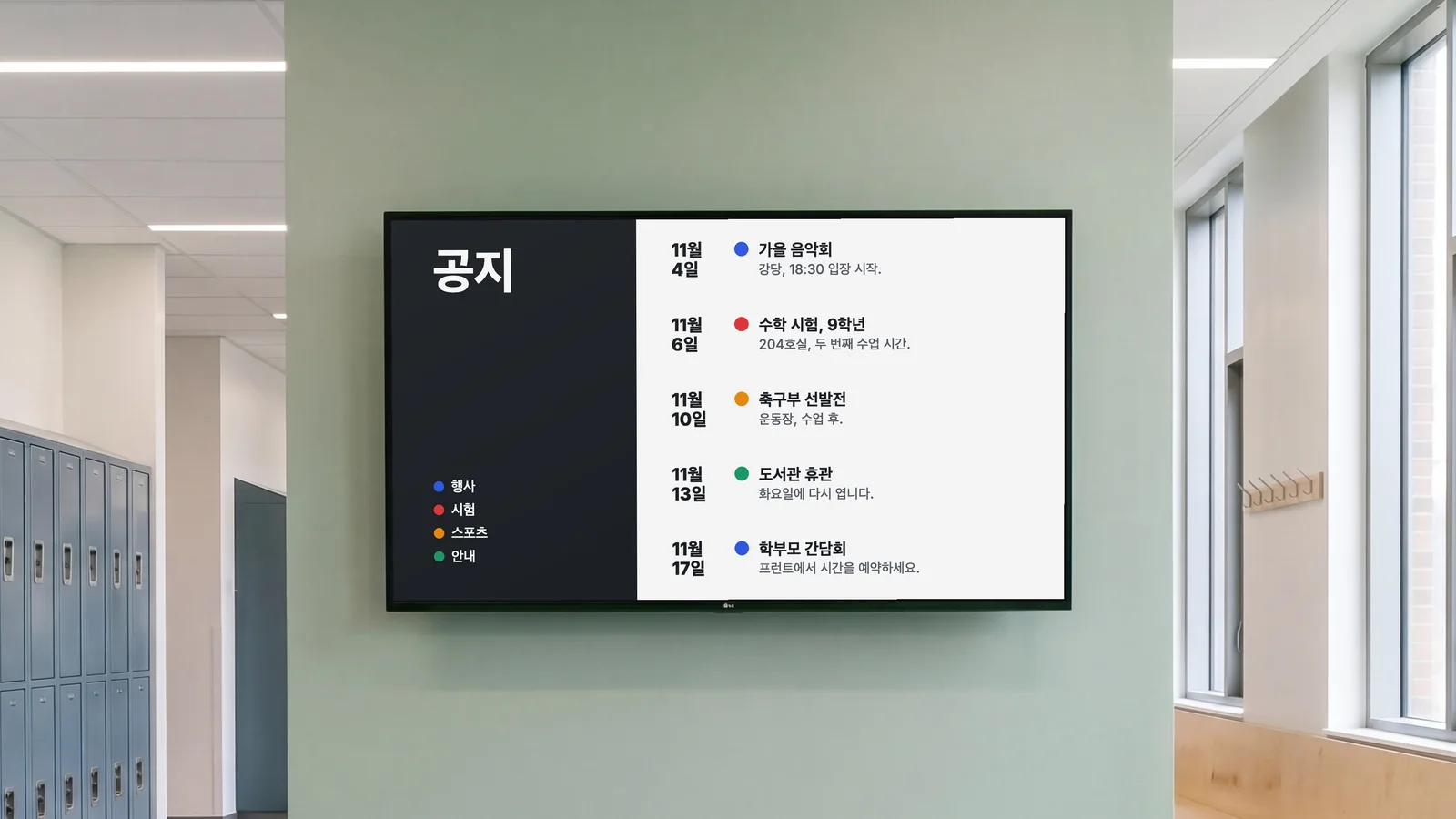 회색 사물함, 높은 창, 나무 벤치가 있는 중고등학교 복도입니다. 세이지 그린 벽의 화면에 공지 목록이 보입니다. 11월 4일 가을 음악회, 11월 6일 수학 시험(9학년), 11월 10일 축구부 선발전, 11월 13일 도서관 휴관, 11월 17일 학부모 간담회입니다.
