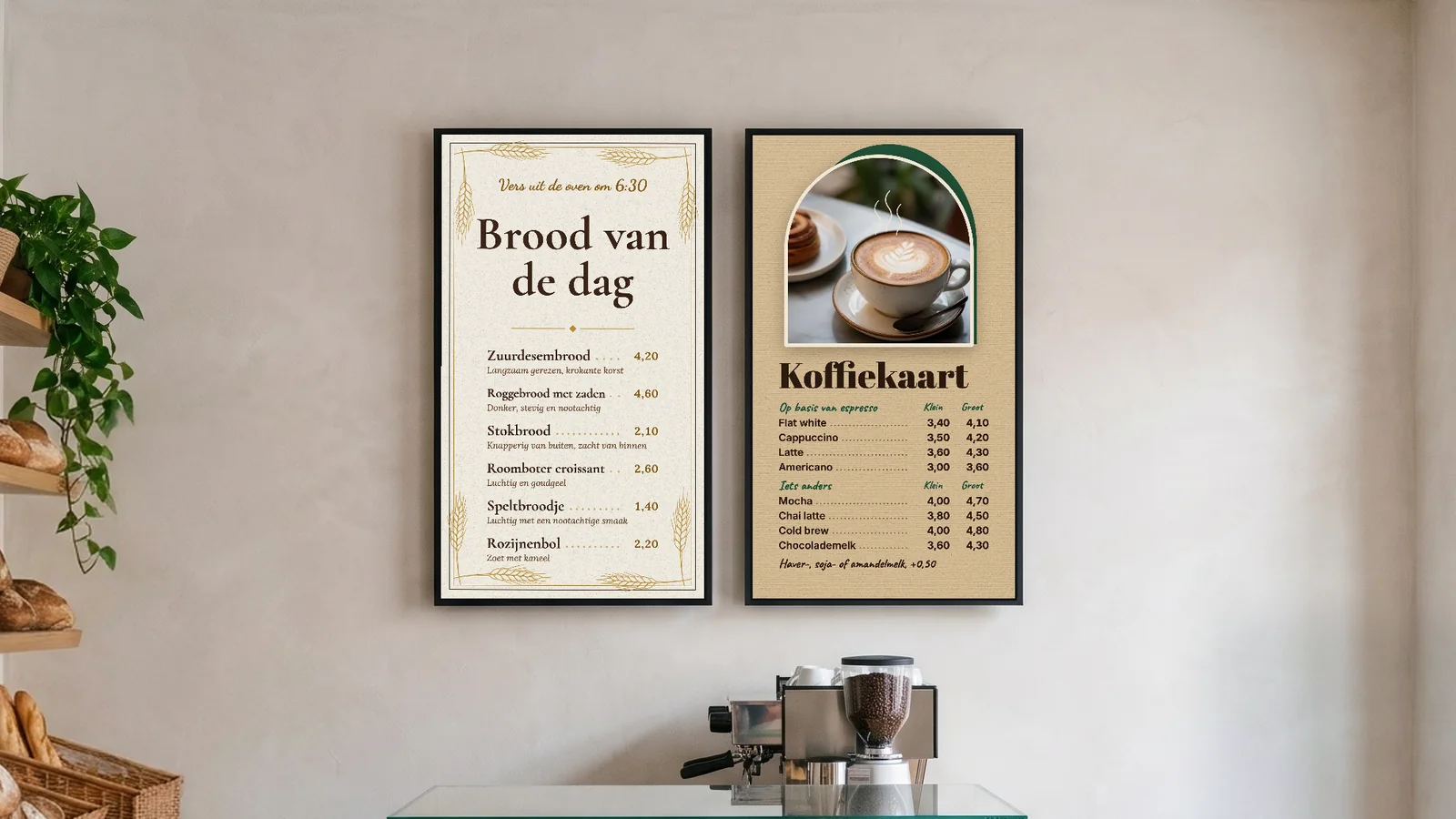 Ambachtelijke bakkerij met koffiebar, broodschappen, een espressomachine en een vitrine met gebak, en twee staande schermen aan de gepleisterde muur boven de toonbank. Op het ene staat Brood van de dag, vers uit de oven om 6:30, op het andere een koffiekaart met drankjes op basis van espresso en iets anders.