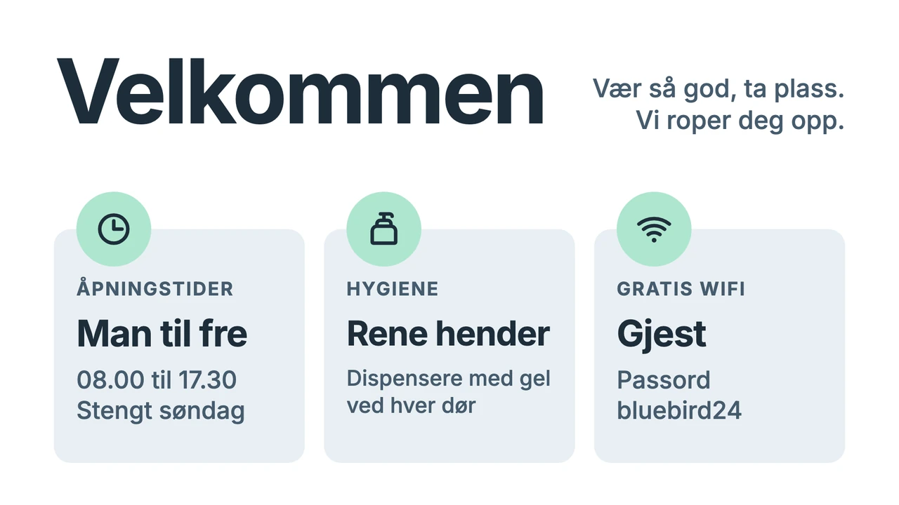 Store velkomstkort med info
