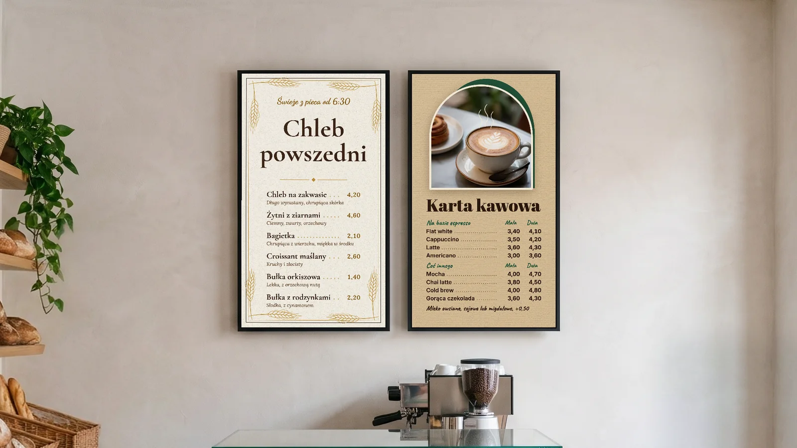 Piekarnia z kawiarnią, półkami z chlebem, ekspresem do kawy i ladą z wypiekami oraz dwa pionowe ekrany z menu na tynkowanej ścianie nad ladą. Na jednym „Chleb powszedni”, świeże z pieca od 6:30, na drugim karta kawowa z napojami na bazie espresso i czymś innym.