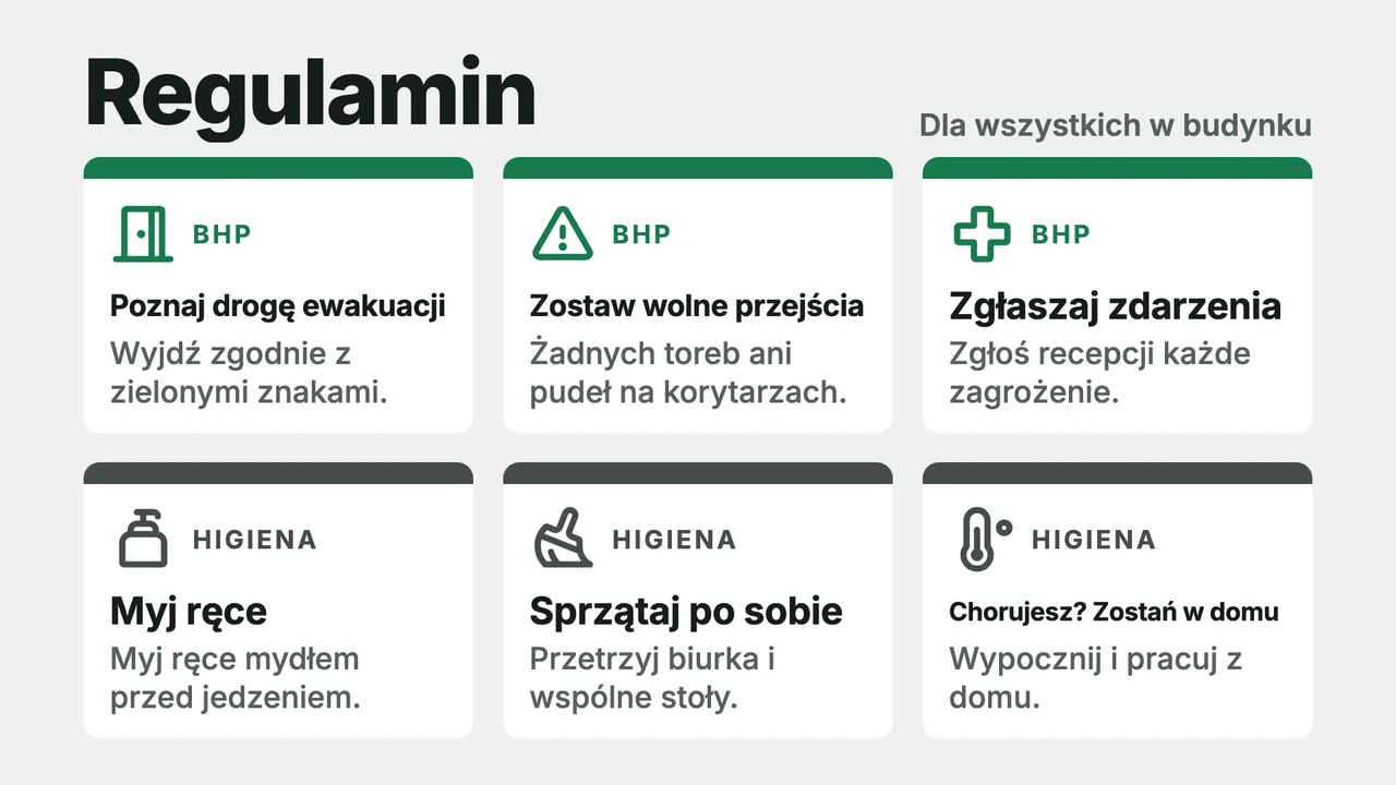 Sześć kart z zasadami