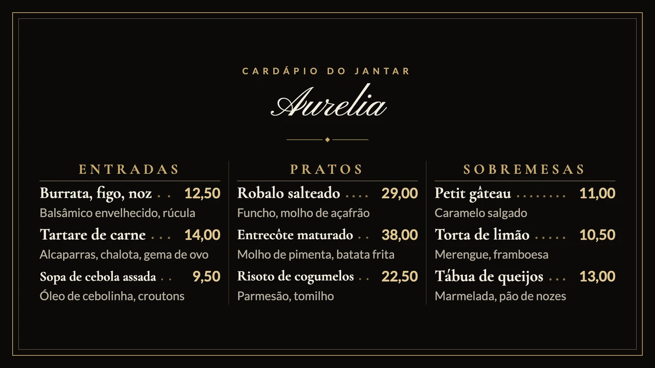 Cardápio preto e dourado