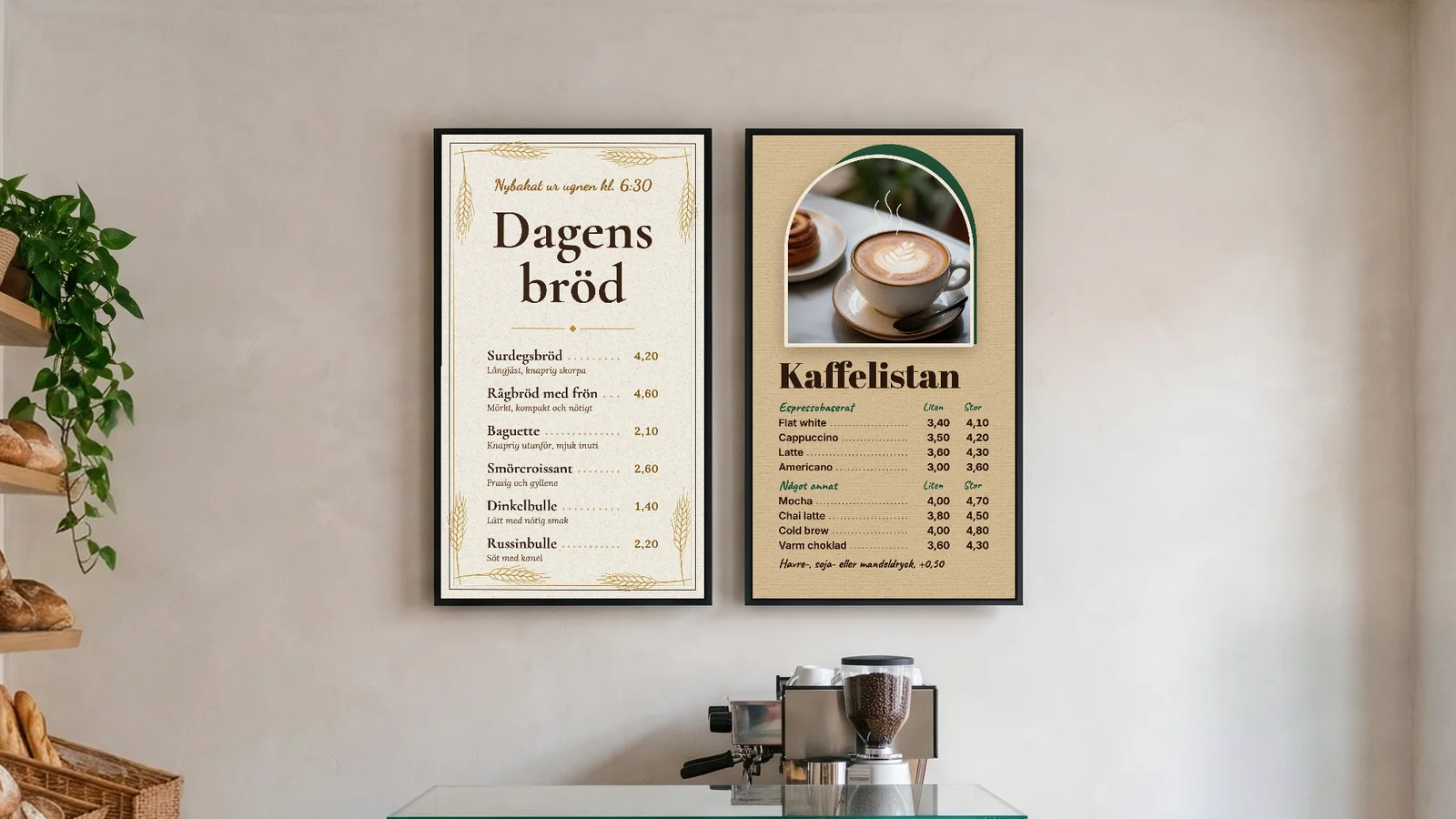 Bageri och kaffebar med brödhyllor, espressomaskin och bakverk i disken, och två stående menyskärmar på den putsade väggen ovanför. Den ena visar Dagens bröd, nybakat ur ugnen kl. 6:30, den andra Kaffelistan med espressobaserade drycker och något annat.