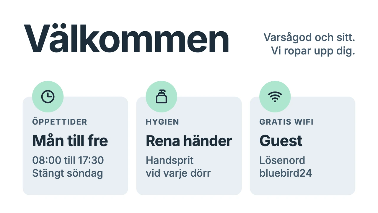 Stora välkomstkort med info