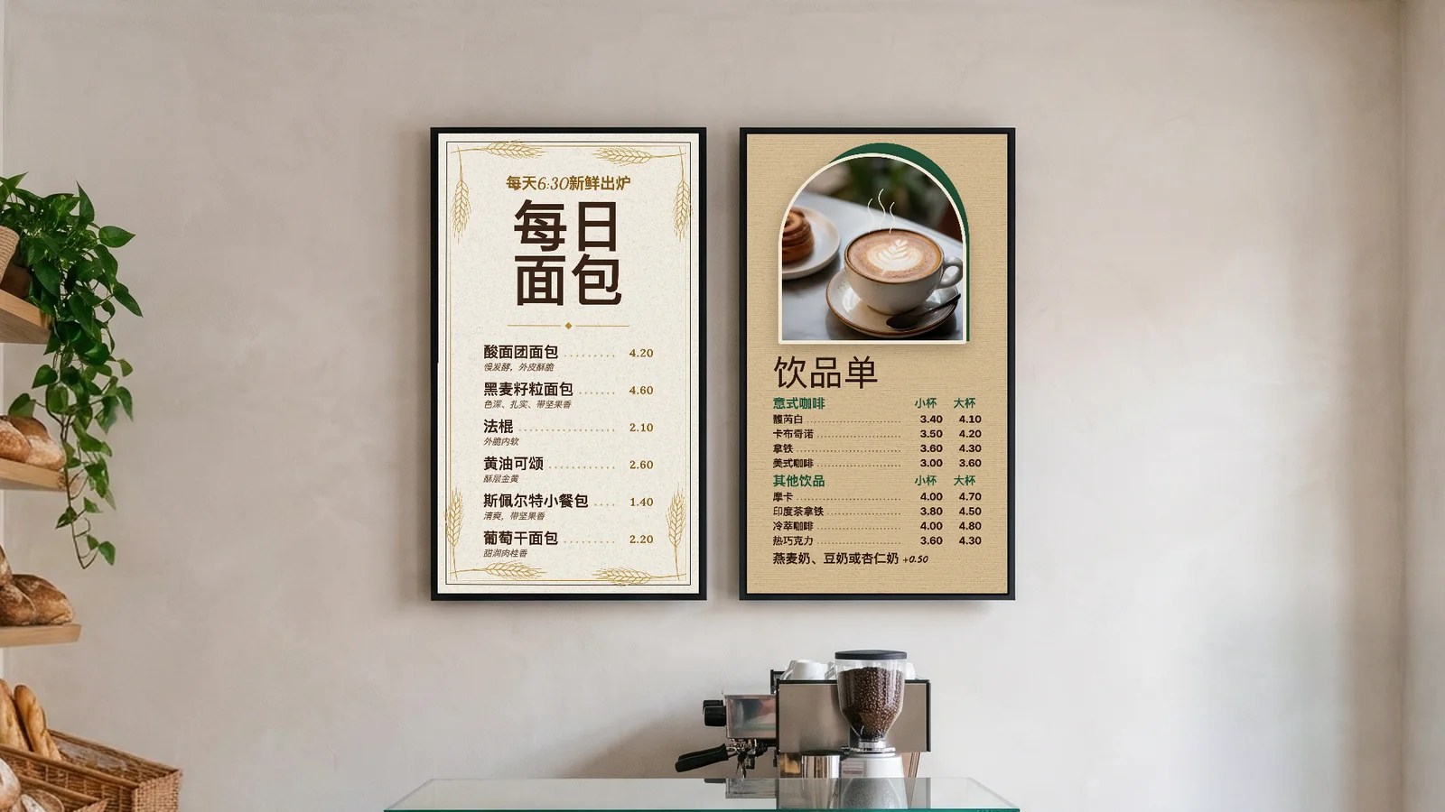 手工烘焙咖啡店，有面包架、意式咖啡机和糕点柜，柜台上方的抹灰墙上挂着两块竖屏菜单。一块是“每日面包”，写着每天6:30新鲜出炉；另一块是饮品单，分意式咖啡和其他饮品。